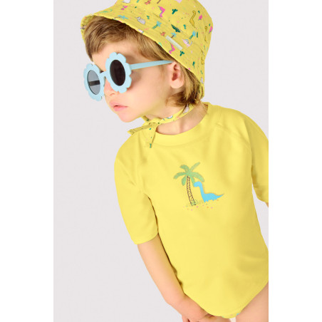 Gorro de playa bebé ala recta estampado dinosaurios amarillo-Ysabel Mora