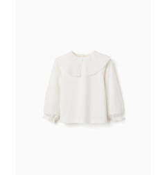 Camiseta de algodón con maxi cuello de bordado inglés para niña, blanco-Zippy