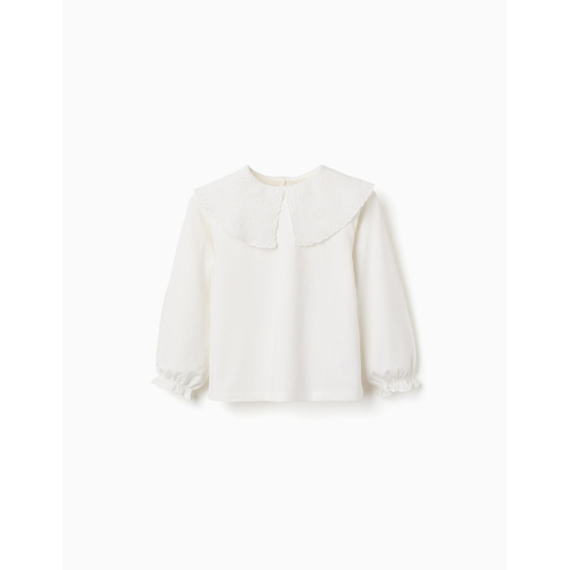 Camiseta de algodón con maxi cuello de bordado inglés para niña, blanco-Zippy Camiseta de algodón con maxi cuello de bordado inglés para niña, blanco-Zippy