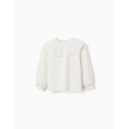 Camiseta de algodón con maxi cuello de bordado inglés para niña, blanco-Zippy