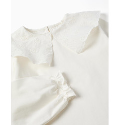 Camiseta de algodón con maxi cuello de bordado inglés para niña, blanco-Zippy