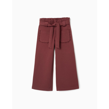 Pantalón de pierna ancha de punto Roma con cinturón para niña, marrón-Zippy