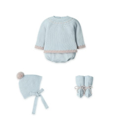 Traje 4Piezas con pasacinta a mano,patucos y gorro pompón-Mac Ilusion