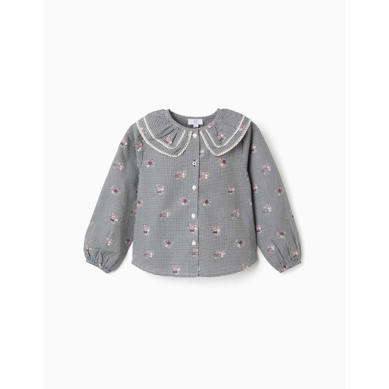Camisa de algodón Vichy con flores para niña, blanco/azul marino-Zippy Camisa de algodón Vichy con flores para niña, blanco/azul marino-Zippy