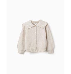 Cardigan de punto con cuello bordado para niña, beige claro-Zippy