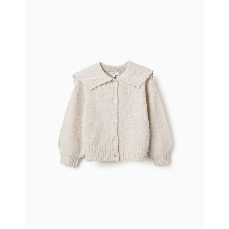 Cardigan de punto con cuello bordado para niña, beige claro-Zippy