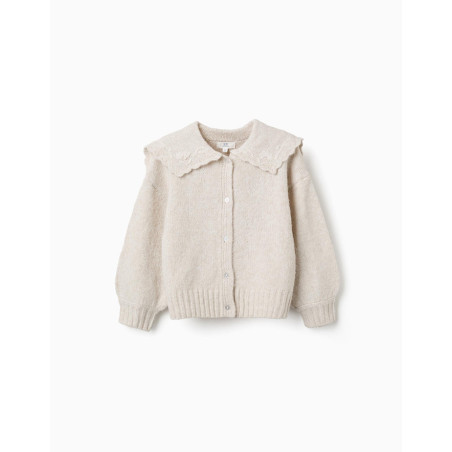Cardigan de punto con cuello bordado para niña, beige claro-Zippy