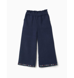Pantalón de pierna ancha de algodón con flores para niña, azul marino-Zippy