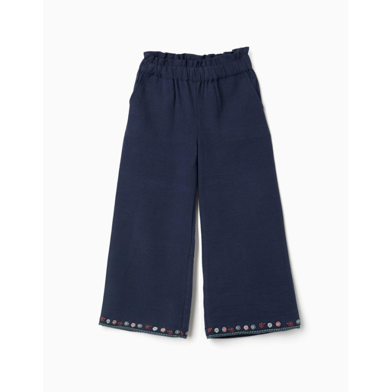 Pantalón de pierna ancha de algodón con flores para niña, azul marino-Zippy