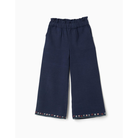 Pantalón de pierna ancha de algodón con flores para niña, azul marino-Zippy