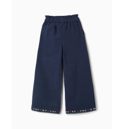 Pantalón de pierna ancha de algodón con flores para niña, azul marino-Zippy