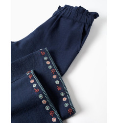 Pantalón de pierna ancha de algodón con flores para niña, azul marino-Zippy