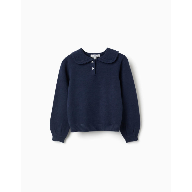 Jersey de punto con cuello festoneado para niña, azul marino-Zippy