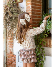Conjunto Camisa Cuello Cuadros y Braga Bombón Taupe-Manuela Montero