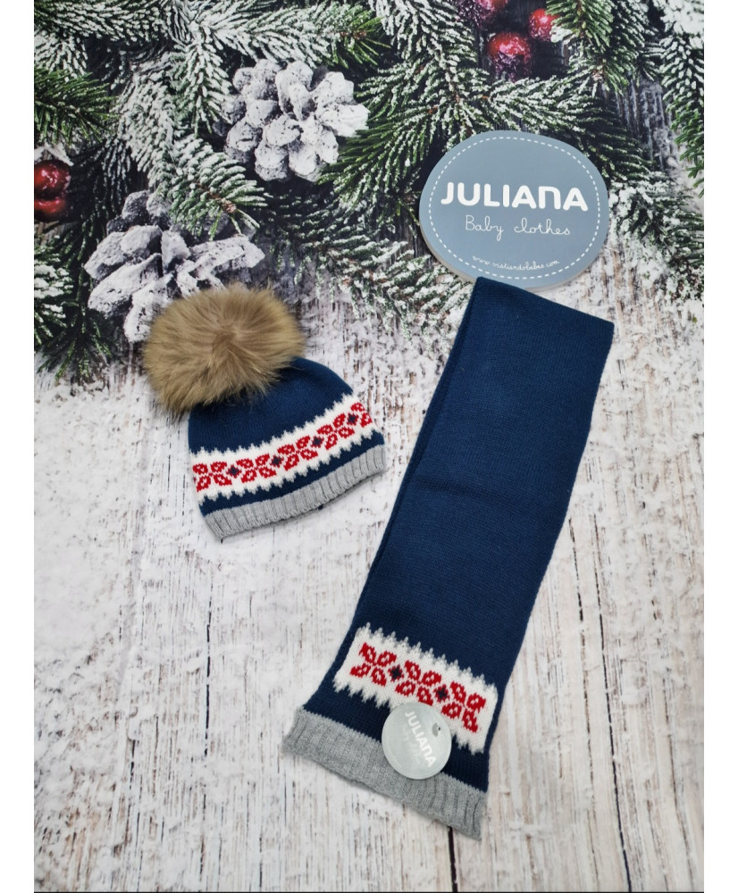 Conjunto Gorro Pompon Pelo Natural y Bufanda con Cenefa Estrella-Juliana
