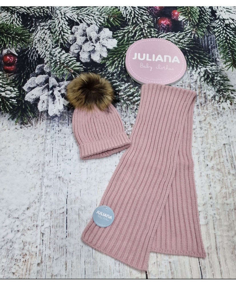 Conjunto Gorro Pompón Pelo Natural y Bufanda Canale Maquillaje-Juliana