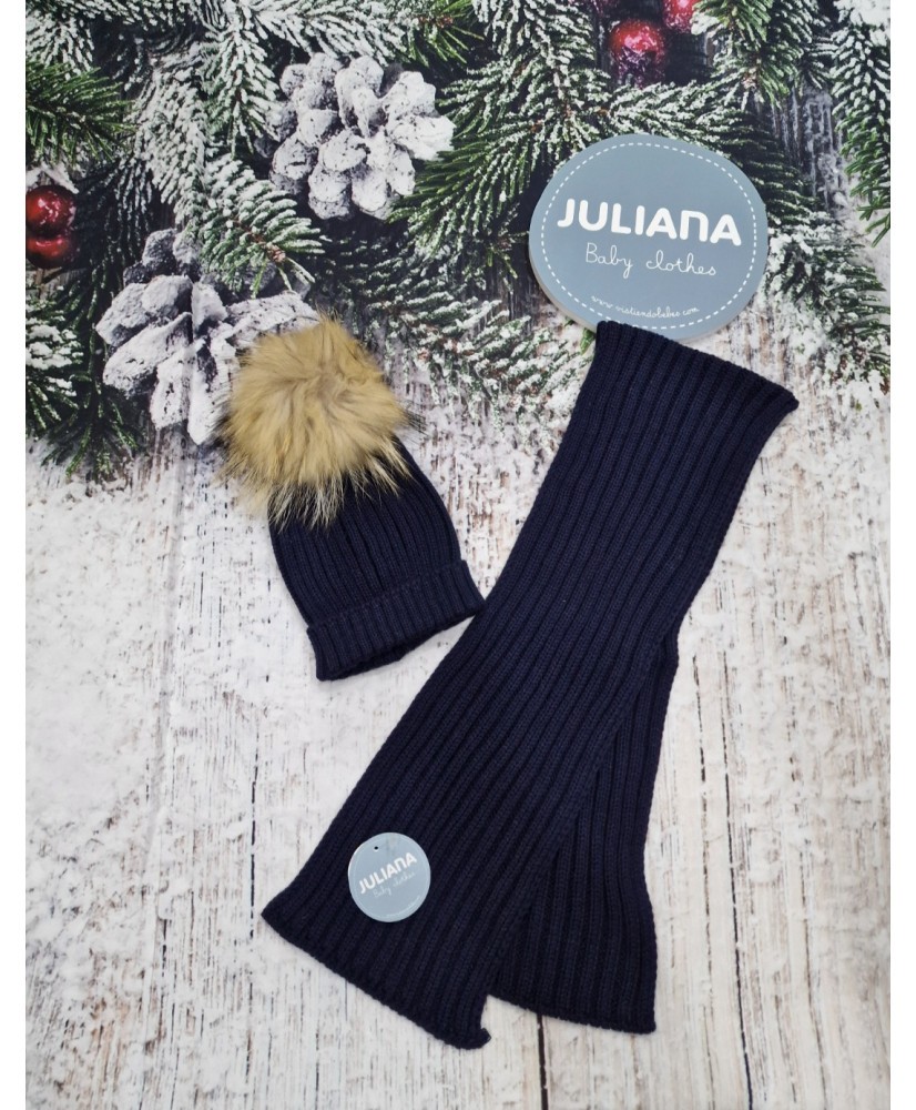 Conjunto Gorro Pompón  Pelo Natural y Bufanda Canalé Marino-Juliana