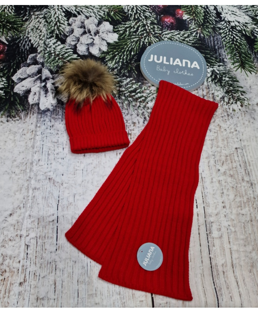 Conjunto Gorro Pompón Pelo Natural y Bufanda Canale Rojo-Juliana