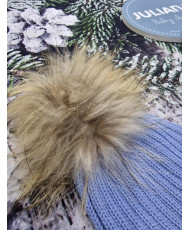 Conjunto Gorro Pompon Pelo Natural y Bufanda Canalé Cielo-Juliana