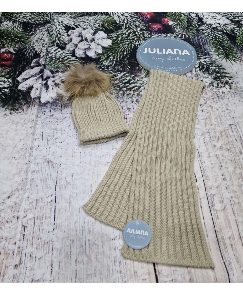 Conjunto Gorro Pompon Pelo Natural y Bufanda Canale Beig-Juliana