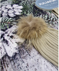 Conjunto Gorro Pompon Pelo Natural y Bufanda Canale Beig-Juliana