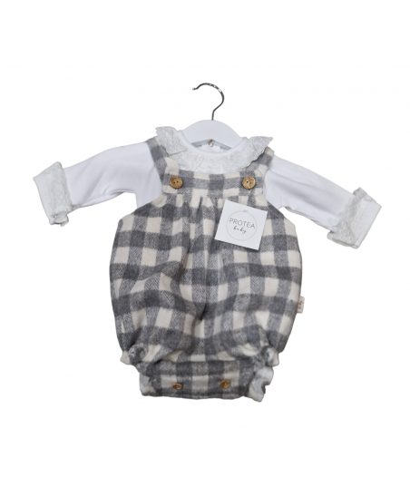 Conjunto Peto Bombacho Arles Gris y Body Blonda Blanco-Protea Baby