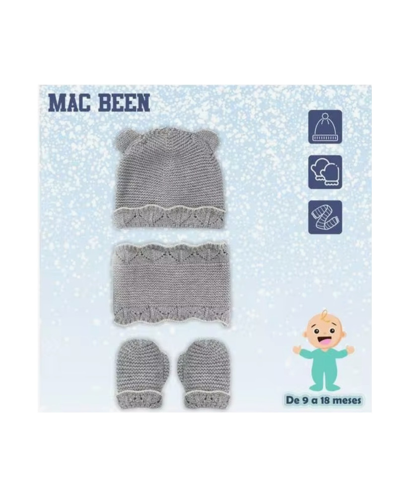 Conjunto Gorro, Bufanda y Manoplas Gris-Mac Been