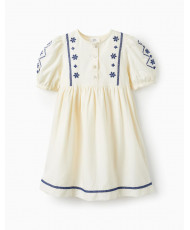 Vestido En Algodón Y Lino Para Niña, Beige Claro-Zippy