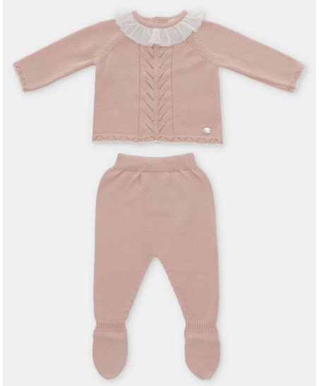 Conjunto de bebé niña de jubón y polaina de punto en rosa empolvado-Martín Aranda