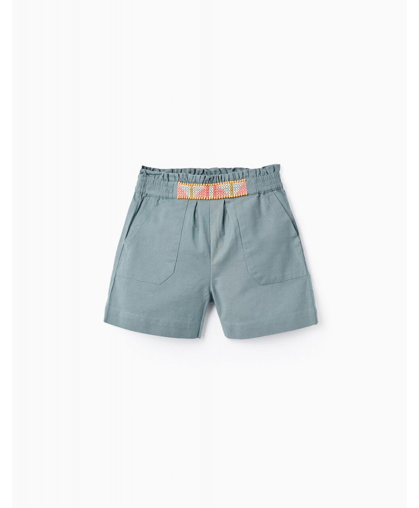 Shorts De Algodón Y Lino Con Bordados Y Abalorios Para Niña, Verde-Zippy