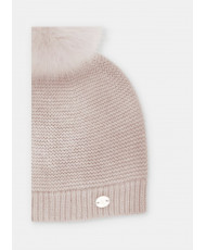 Gorro de niña de punto con pompón de pelo natural en rosa palo-Martín Aranda
