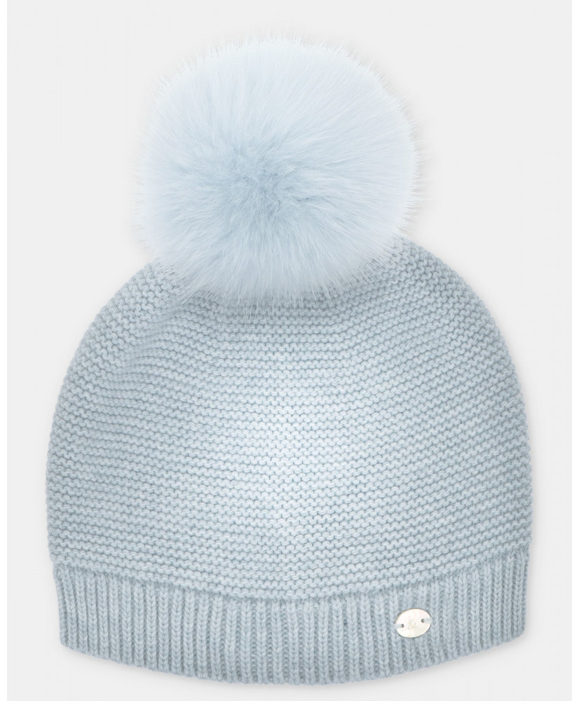 Gorro unisex de punto con pompón de pelo natural en celeste grisáceo-Martín Aranda
