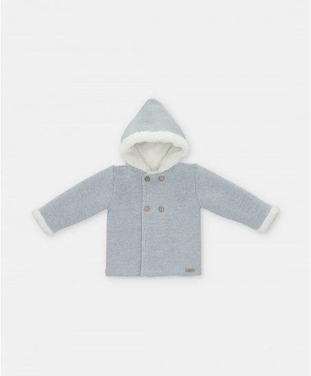 Trenka de bebé de punto Unisex con capucha y forro de borreguito en celeste grisáceo-Martín Aranda