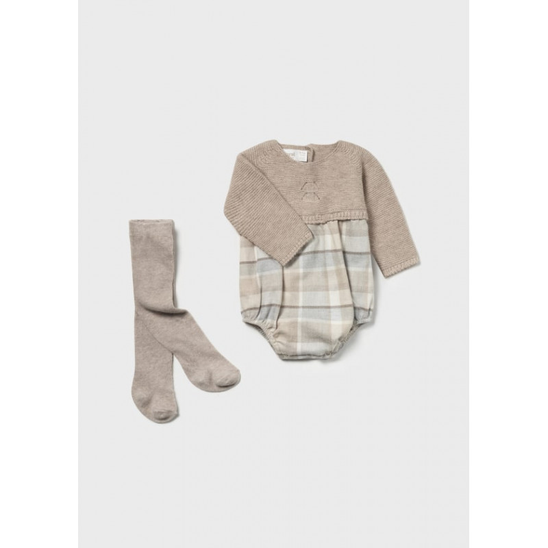 Conjunto pelele cuadros y leotardos recién nacido Nuez-Mayoral Conjunto pelele cuadros y leotardos recién nacido Nuez-Mayoral