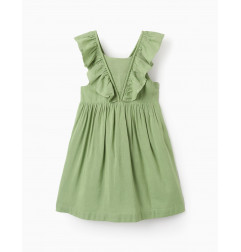 Vestido de Viscose, Algodón y Lino con Volantes para Niña, Verde-Zippy