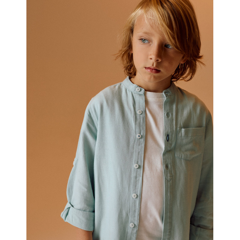 Camisa con Cuello Mao y Mangas Plegables para Niño, Verde Agua-Zippy Camisa con Cuello Mao y Mangas Plegables para Niño, Verde Agua-Zippy