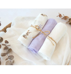 Set 3 muselinas conejitos, lavanda y blanco 70x70cm-Kiokids